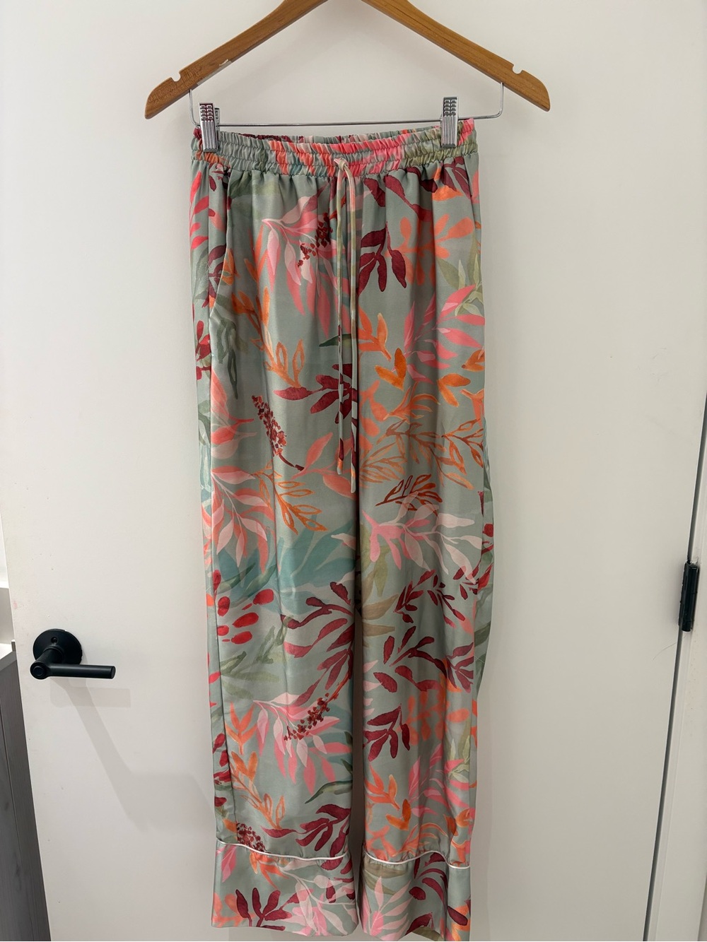 PatBO Floral Drawstring Wide-Leg Pants in Sage with Pink & Coral Leaves